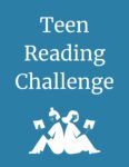 white image on blue with words "teen reading challenge" and two people reding, sitting with backs touching