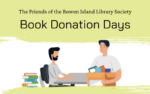 green poster with illustration of two men exchanging books at a table.