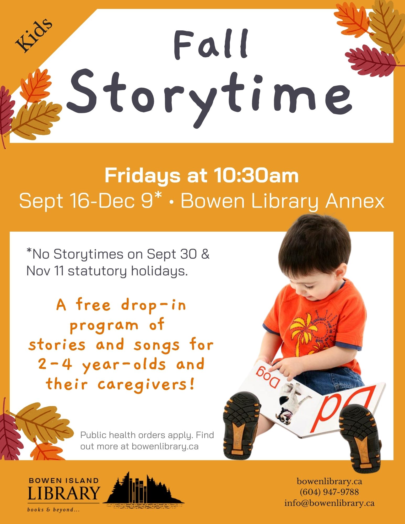 Image description: poster for Storytime program with photo of young child in orange shirt reading a book, with fall leaves.