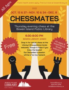 Image description: ChessMates poster with illustration of smiling chess pieces, game board, trophy in orange, yellow, red, black, and cream colours. Text on poster as above.