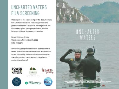 poster with photo of two divers with masks and snorkels halfway in the water smiling, with mountains in background, says Uncharted Waters Film Screening, Wednesday November 30, 6:30-8:00 pm