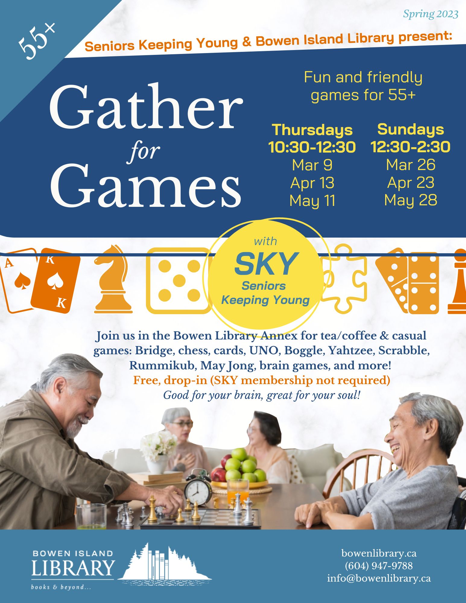 Image description: blue, yellow, and orange poster with a photo of a group of four seniors playing chess and socializing.