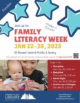 Image description: Family Literacy Week poster in blue, red, and yellow, with image of a parent counting their baby’s toes, both are smiling. Text as above.