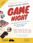 Poster for Game Night at the Bowen Library, with illustrations of dice, cards, checkers, dominos, Uno cards, in reds, yellow, and blues.