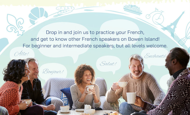 Poster for French Connections French conversation group with photo of group of people smiling with speech bubbles and French language greetings in them. Images of Eiffel tower, fleur de lis, bicycle, poutine.