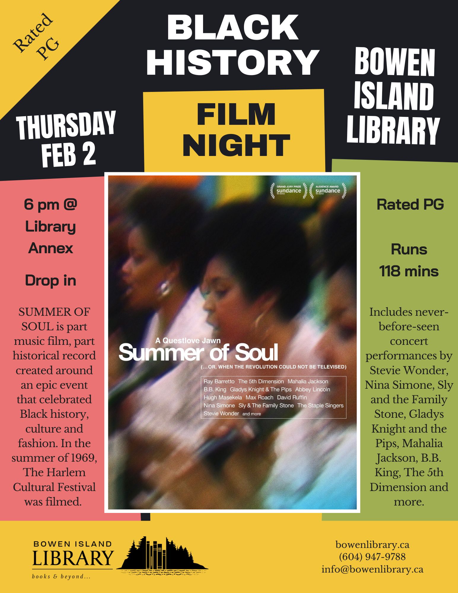 Image description: poster for Back History Film Night at Bowen Library, with blocks of colour in yellow, red, and green, and movie poster image for “Summer of Soul” directed by Questlove.