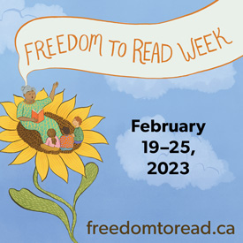 image of sunflower and people reading and text says freedom to read week february 19-25 2023