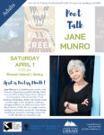 dark blue, white, and light green poster for poet talk by Jane Munro, April 1, 2:30 pm at the Bowen library. Includes images of Jane’s book covers, and author photo of Jane in black with arms crossed and smiling.