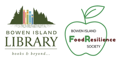 two logos: Bowen Island Public Library and Bowen Island Food Resilience Society