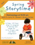 orange and white storytime poster with boy in orange t shirt reading a board book, and springtime flowers