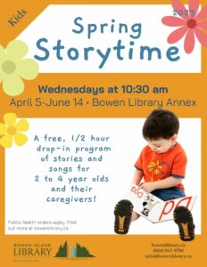 orange and white storytime poster with boy in orange t shirt reading a board book, and springtime flowers