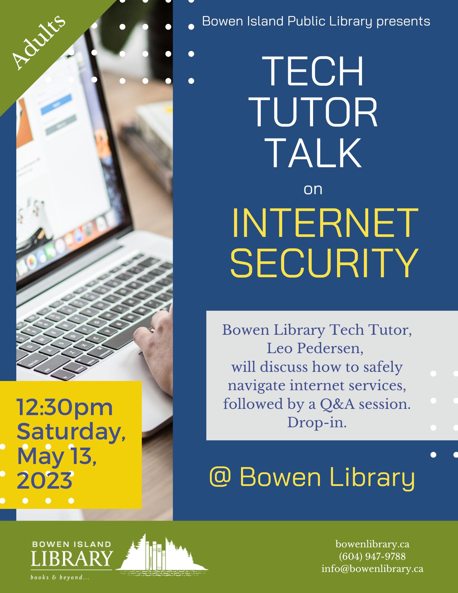 blue and green poster with hand and laptop photo, for tech tutor talk may 13