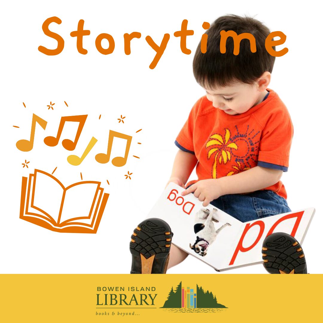 storytime with child reading book and music notes