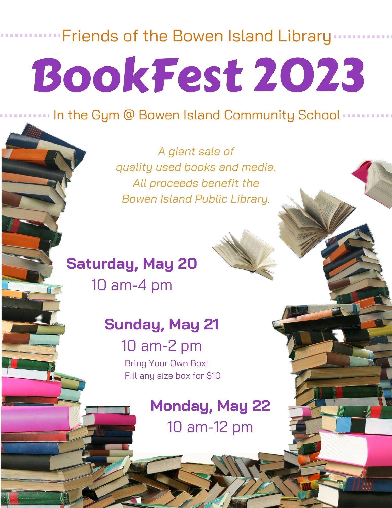 bookfest poster with piles of books. click to get to clanedar event with more info