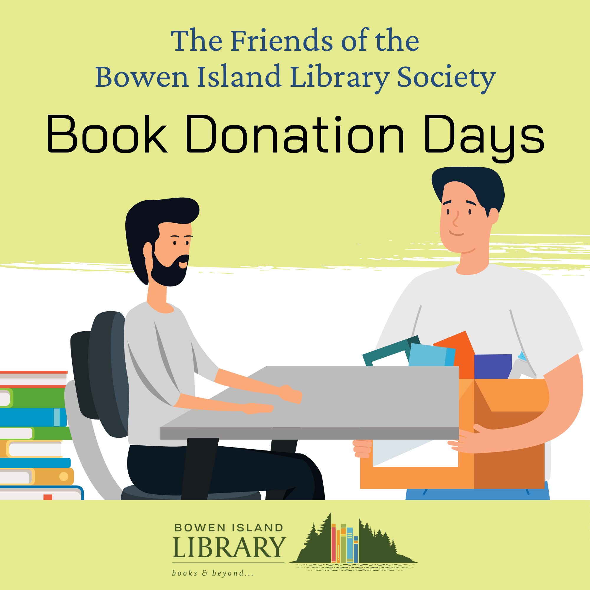 two men exchanging a box of books illustration, says book donation days
