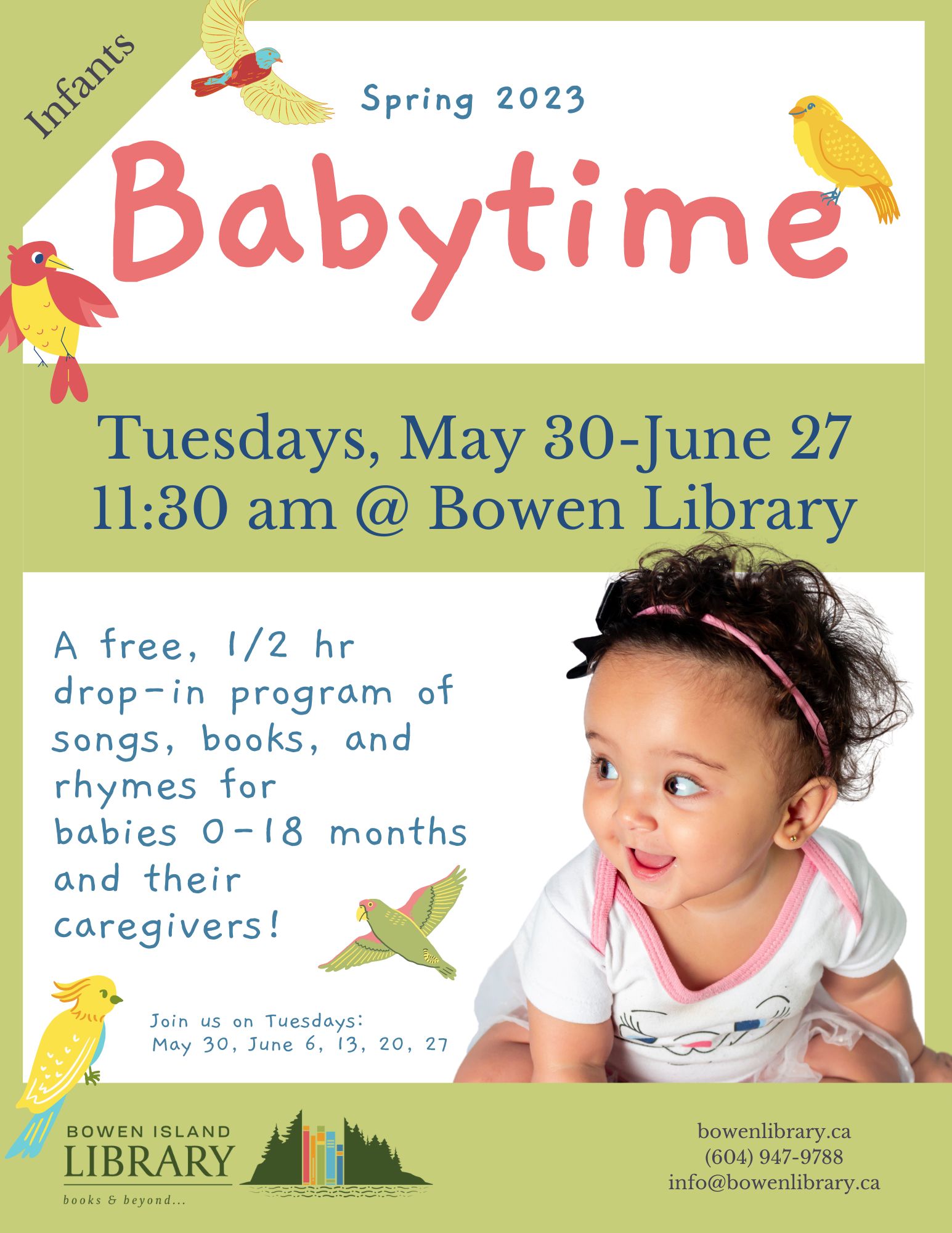 babytime poster with photo of baby and illustrations of birds
