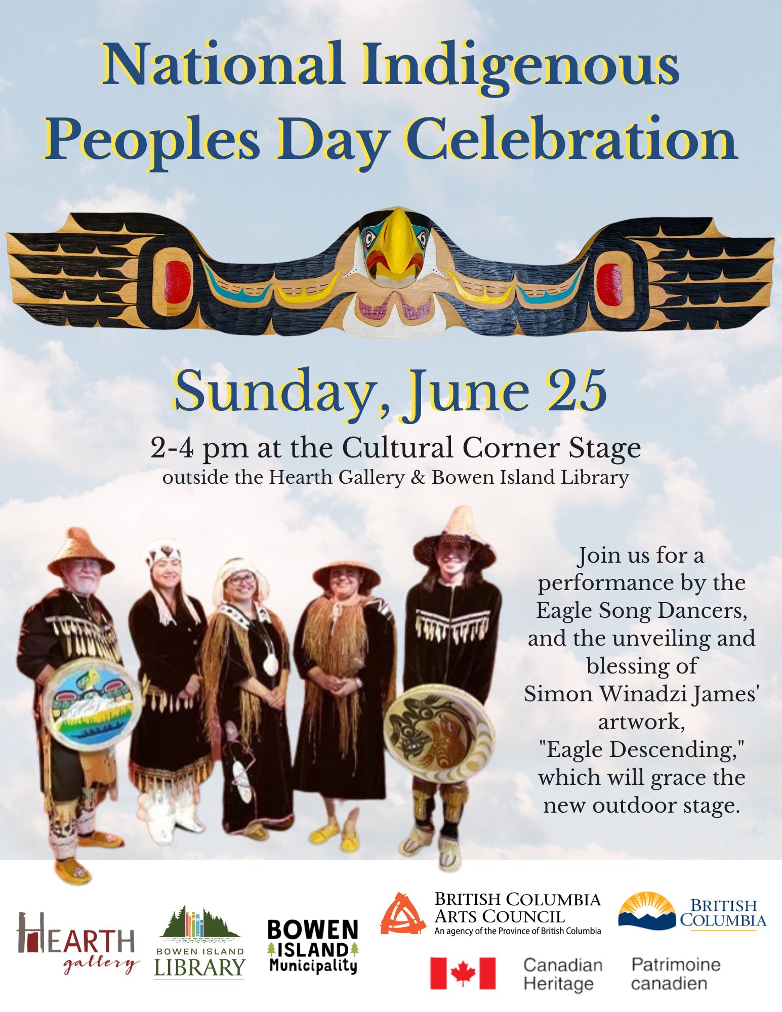 POster with eagle carving and photo of eagle song dancers and blue sky background