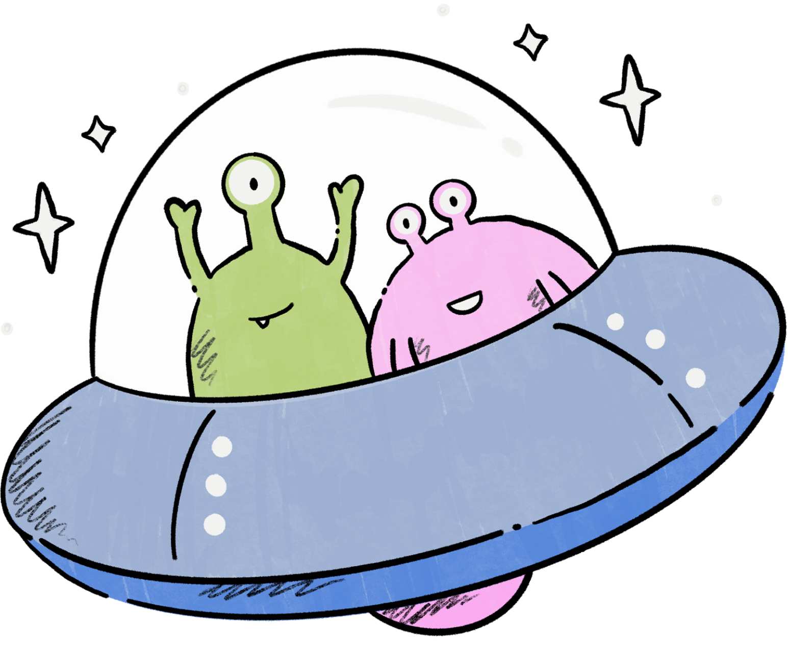 Futuristic green and pink aliens in a blue spacecraft.