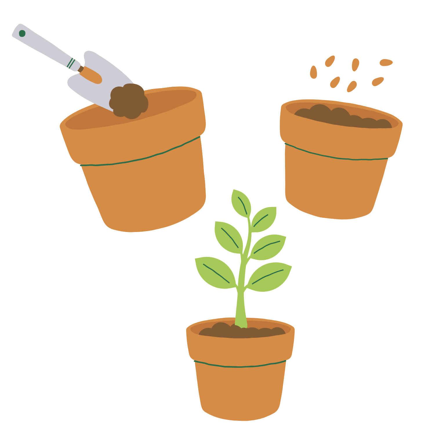 Images depicting a shovel with dirt in an orange clay pot, seeds in an orange clay pot with soil and a green plant growing in an orange clay pot.