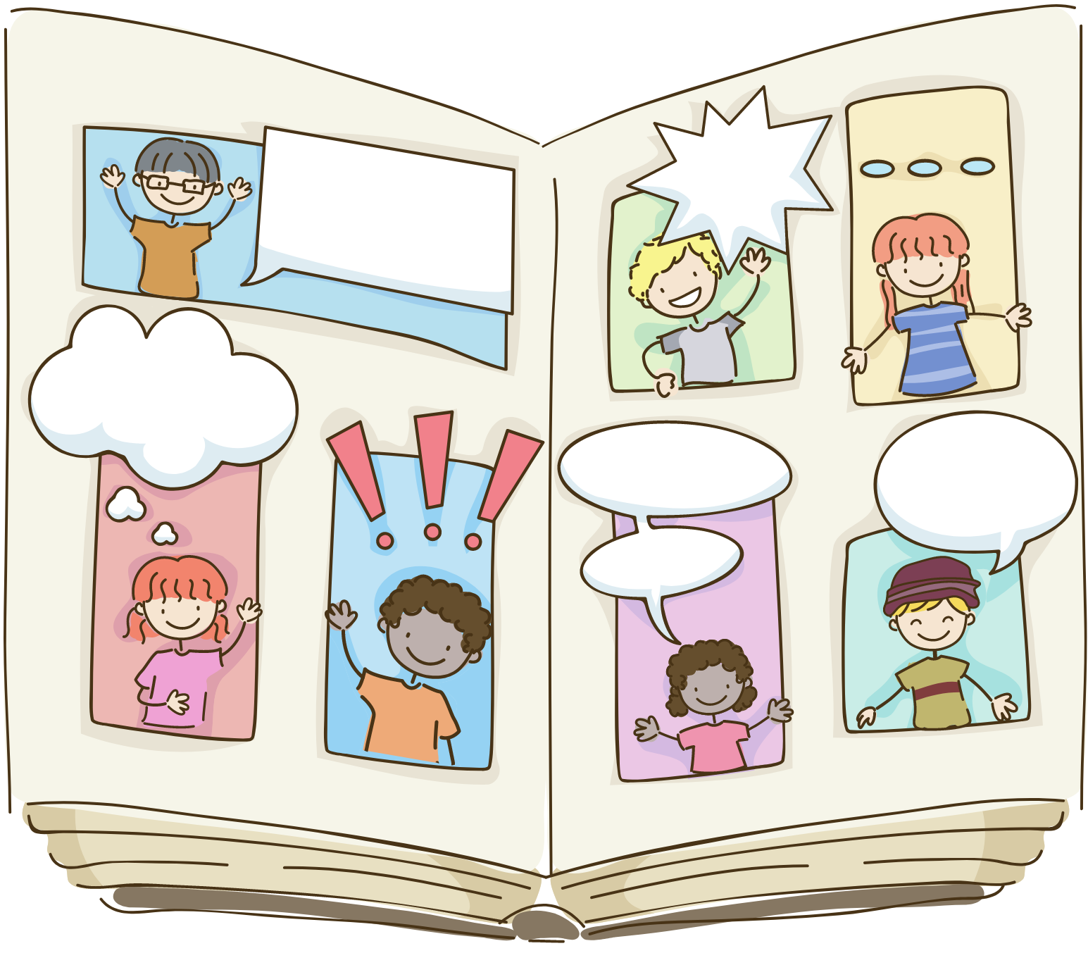 A book with colourful comic panels depicting people.