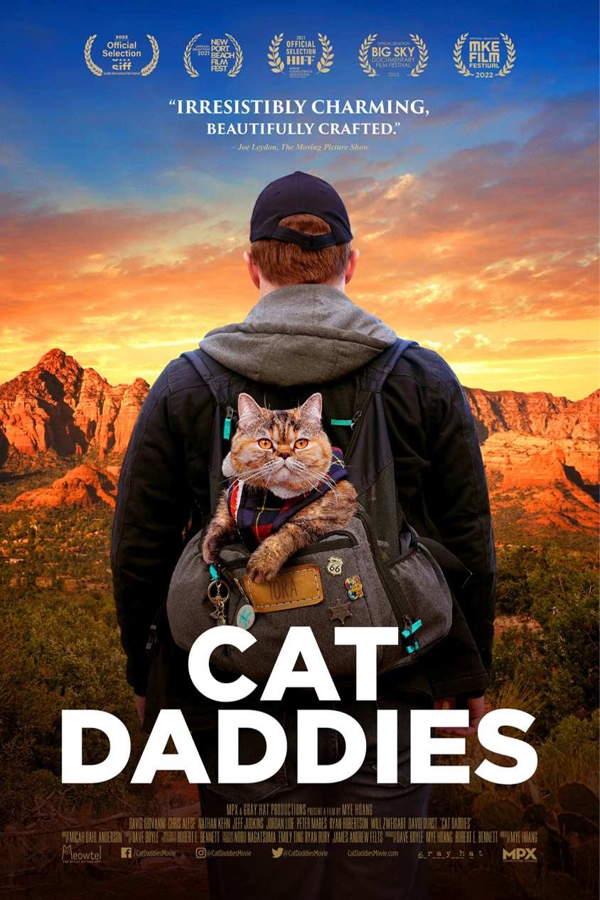cat daddies film cover with man facing away with cat in a backpack, looking at a mountainous horizon
