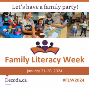 Let’s have a family party! Family Literacy Week January 21-28, 2024 4 photos of children doing activities.
