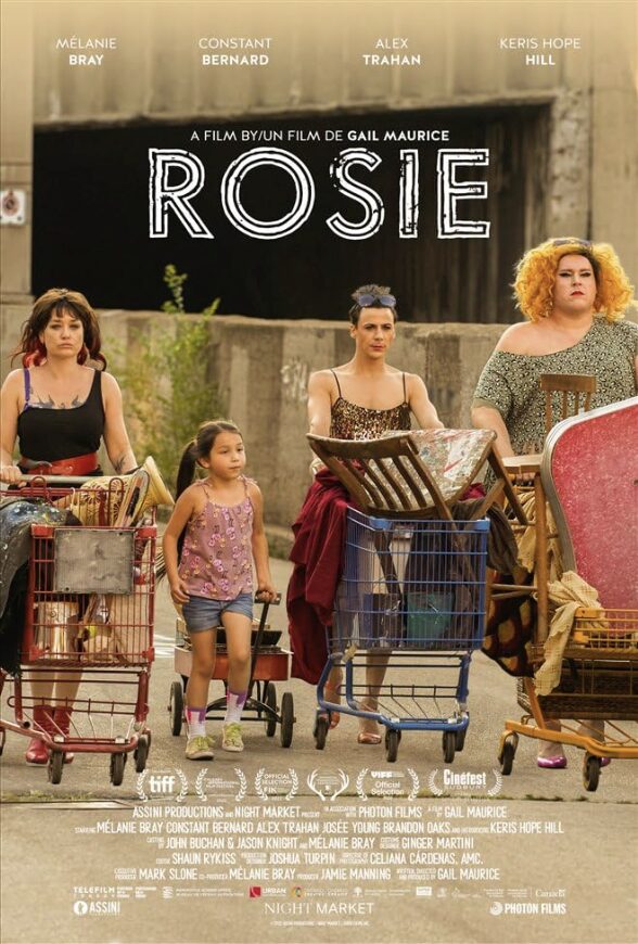 Rosie film three adults and a girl with shopping carts and dressed fabulously