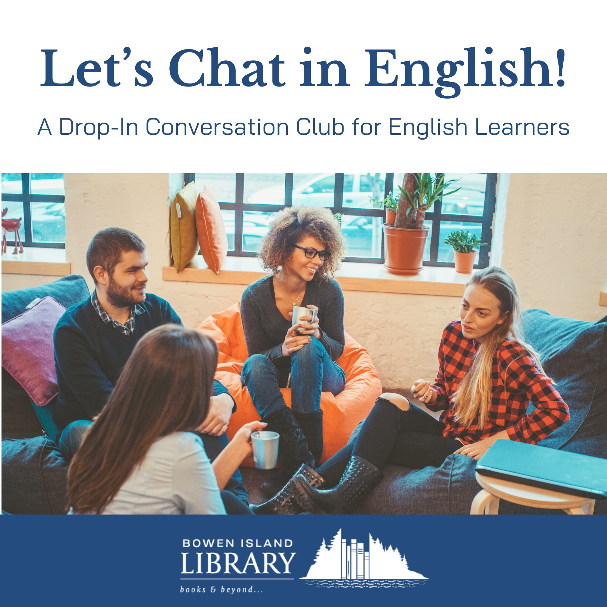 Let's Talk in English conversation club people chatting ina circle with mugs and smiling