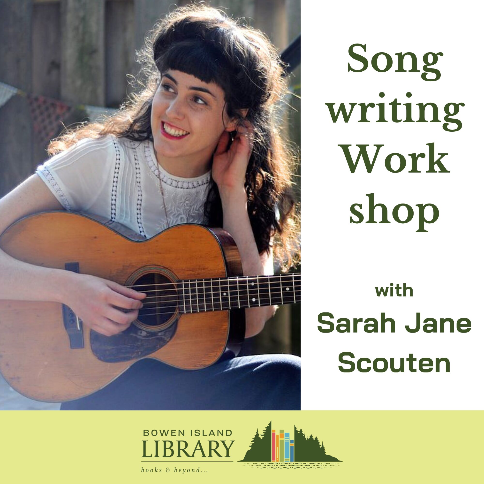 song writing workshop with sarah jane scouten; sarah jane smiling with guitar