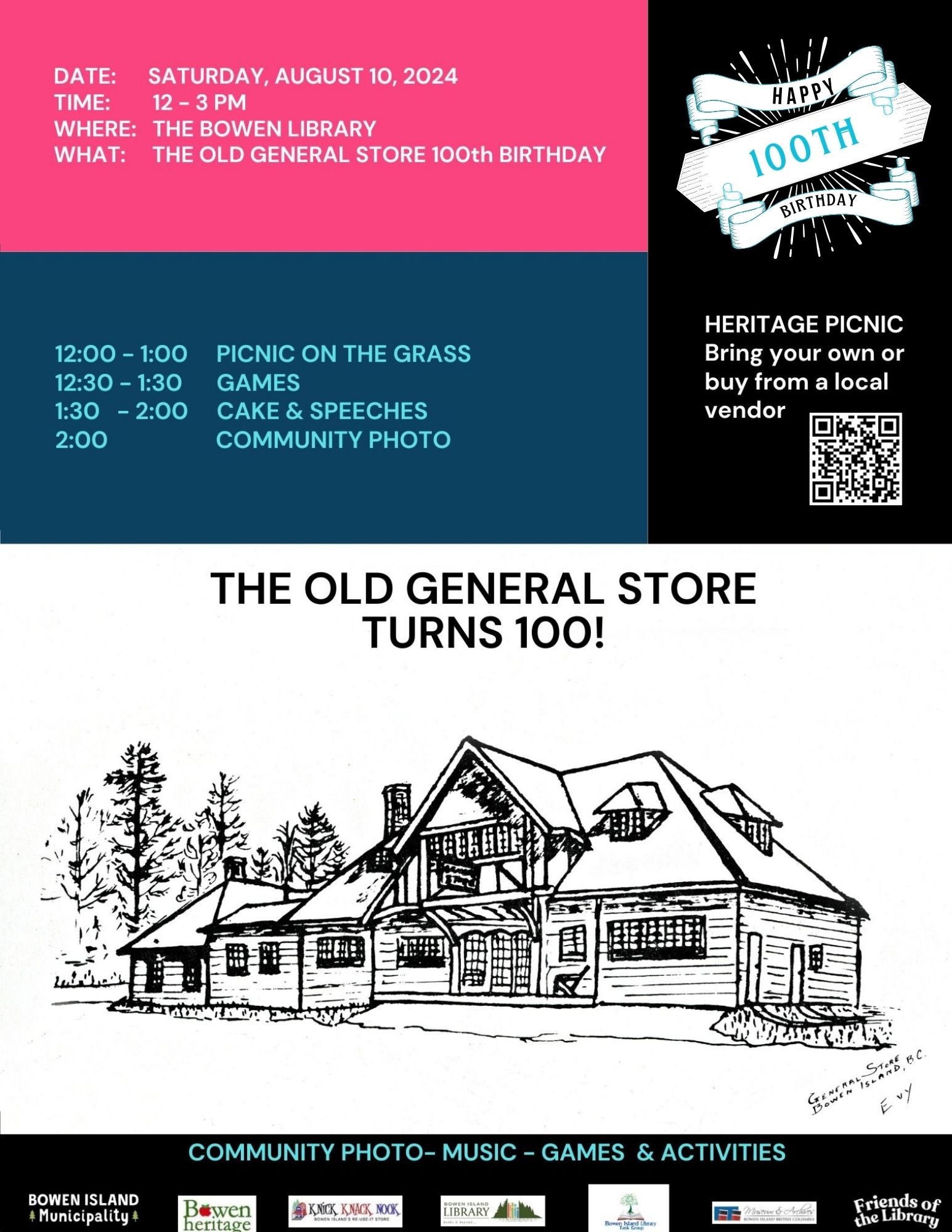 Poster advertising 100th birthday celebration of the Old General Store on August 10