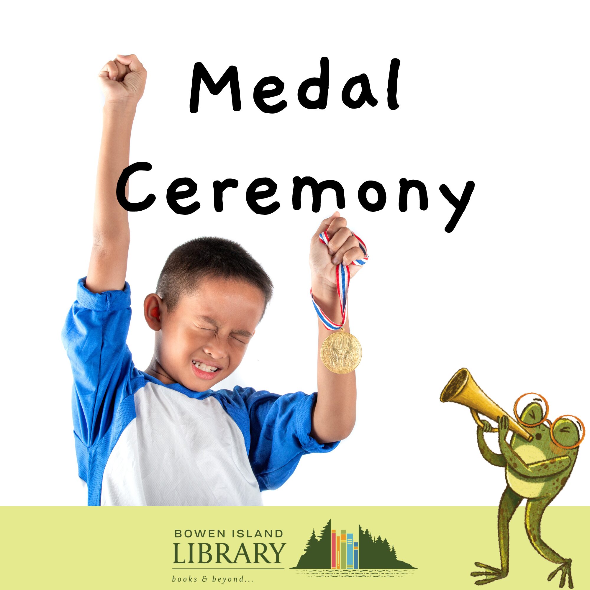 an excited child holding up a medal