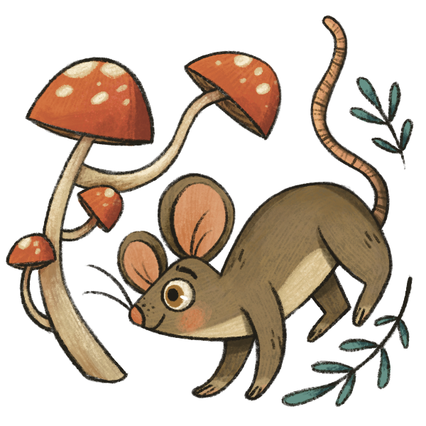 A brown mouse with red mushrooms and green leaves surrounding it.