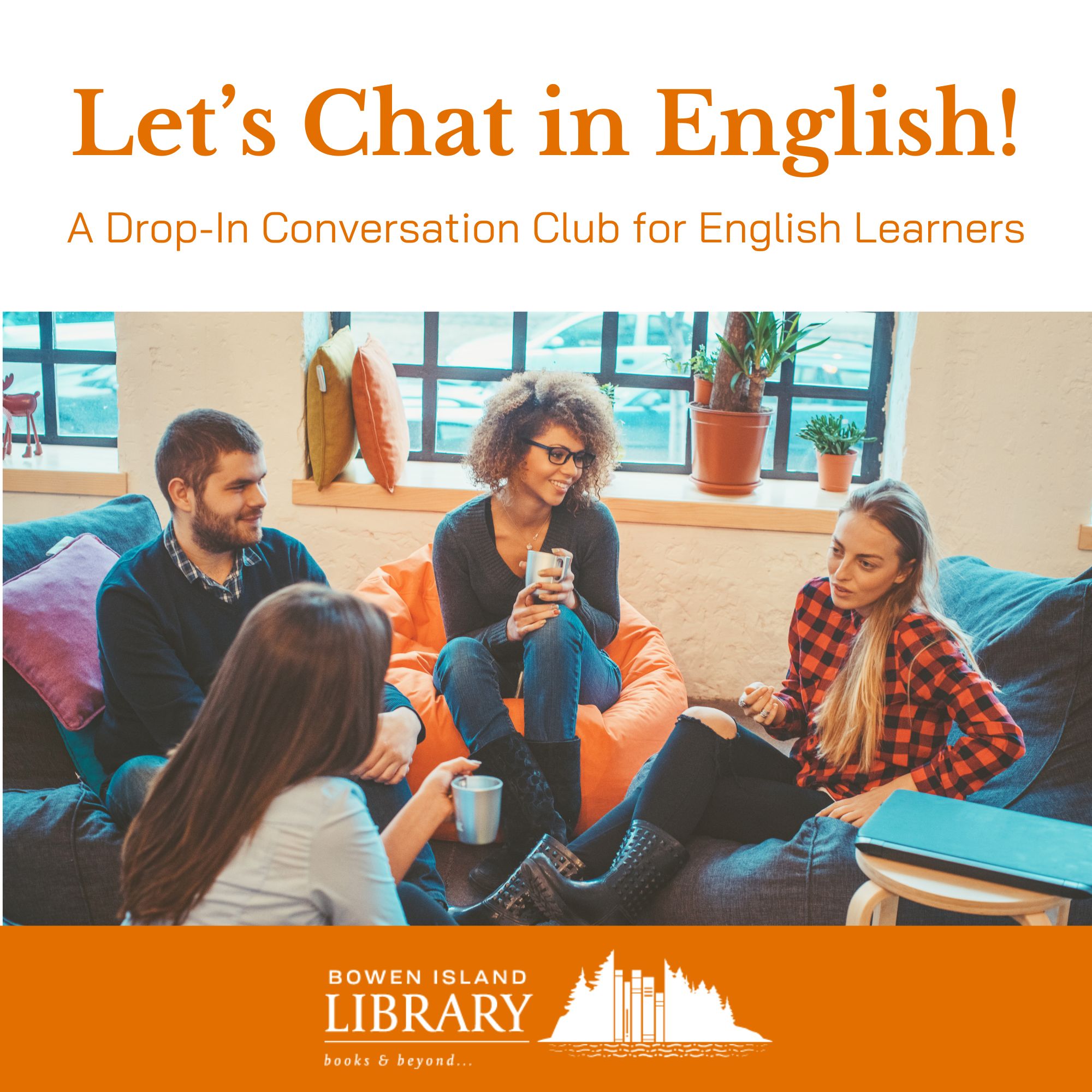 Let's Talk in English conversation club people chatting ina circle with mugs and smiling